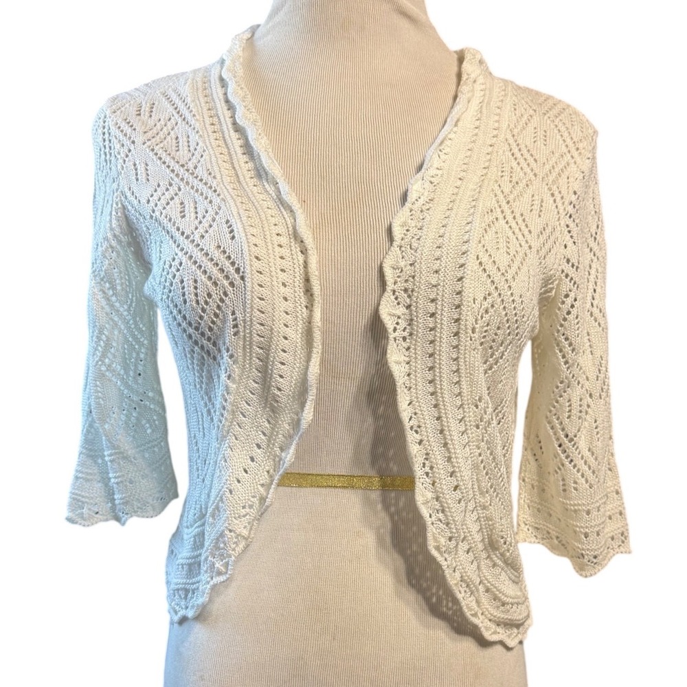 Dressbarn Shrug Womens Medium Pointelle‎ Knit Cropped Bolero Cardigan Ivory USA